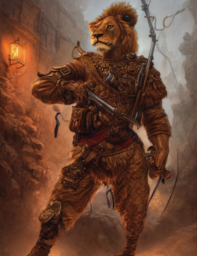 Medieval armored lion with halberd in misty alleyway