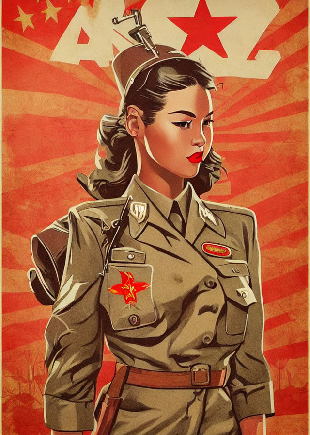 Stylized illustration of woman in military uniform with red star accents