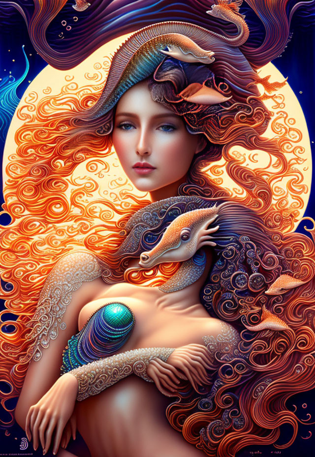 Fantasy illustration: Woman with flowing hair and sea creatures in cosmic backdrop