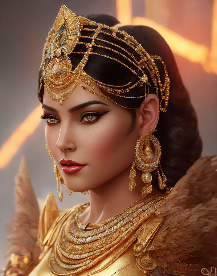 Elaborate Golden Jewelry on Regal Woman Portrait