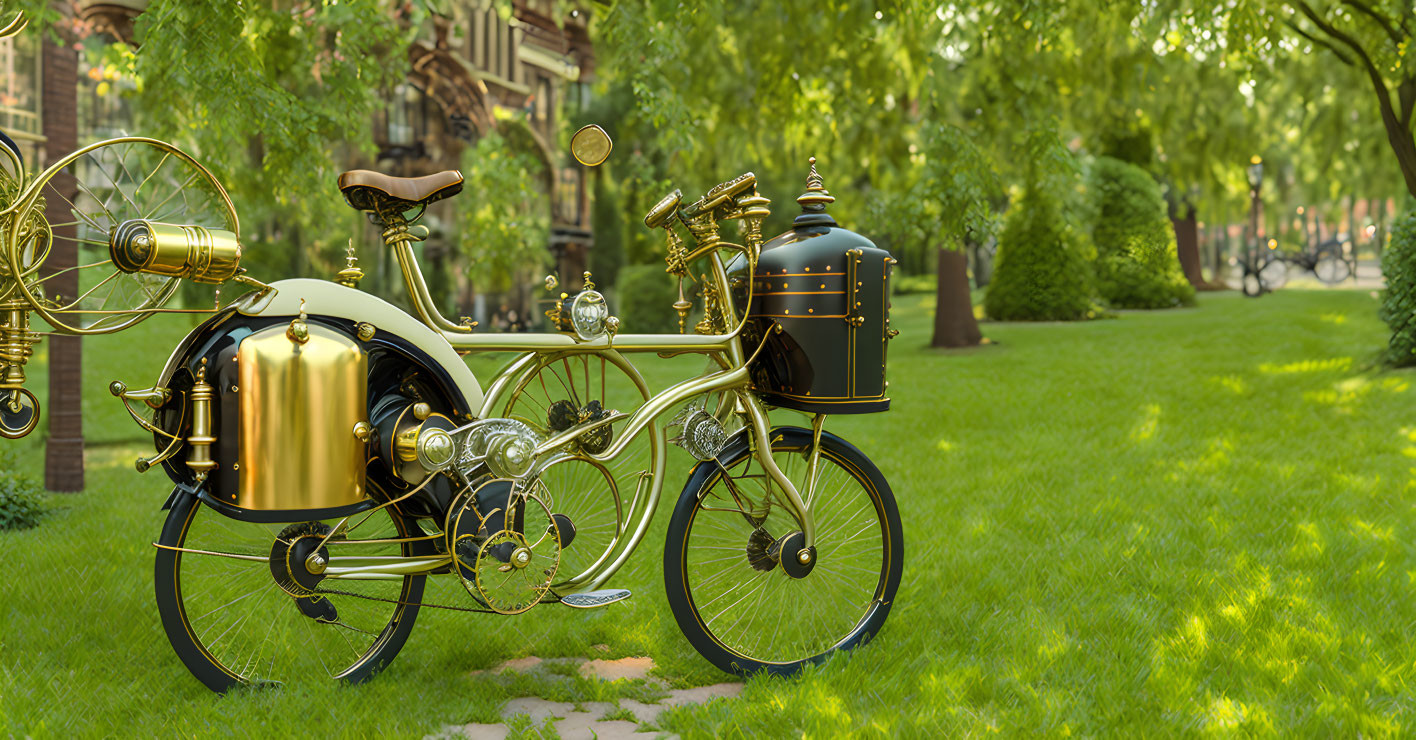 Steampunk-style bicycle with brass and copper elements in a green park