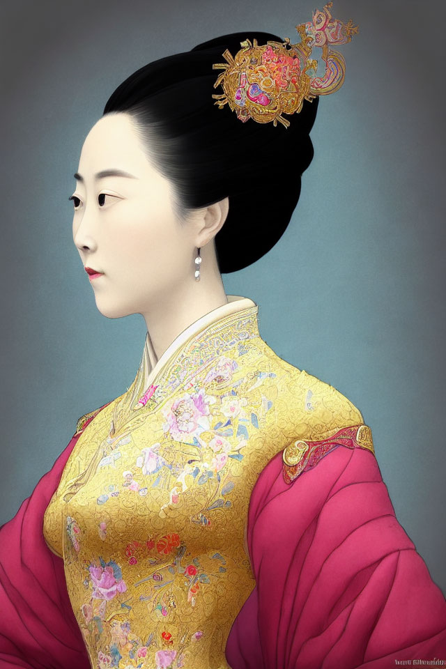 Profile portrait of woman in traditional East Asian attire with intricate hairpiece and floral-patterned garment