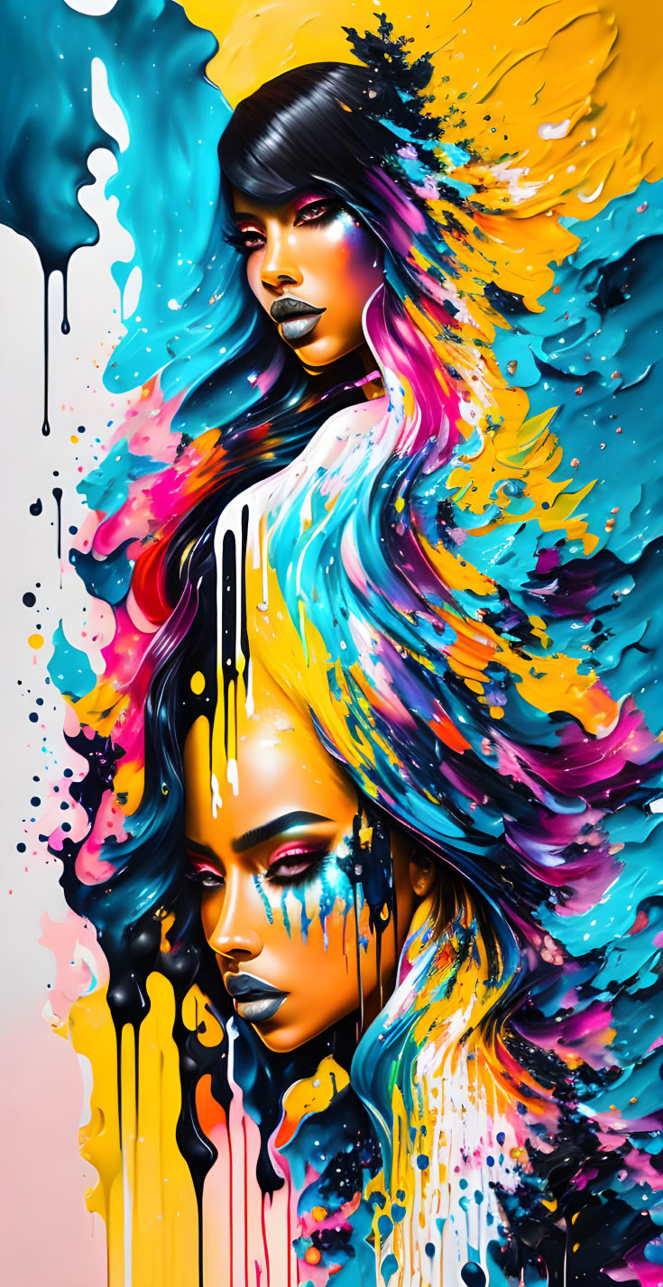 Colorful Abstract Art: Stylized Women's Faces with Flowing Hair and Paint Splashes