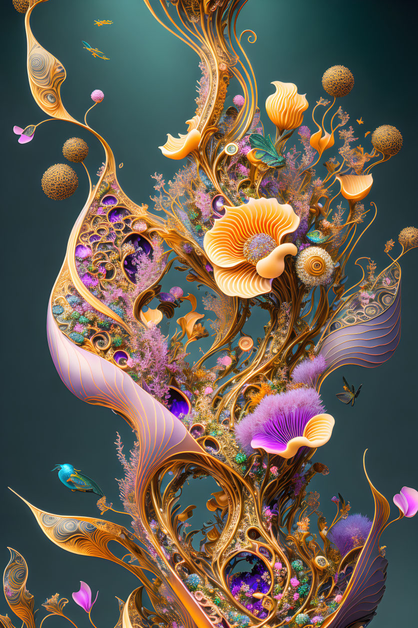 Colorful digital art: intricate organic structure with floral patterns and floating orbs, reminiscent of underwater sea life