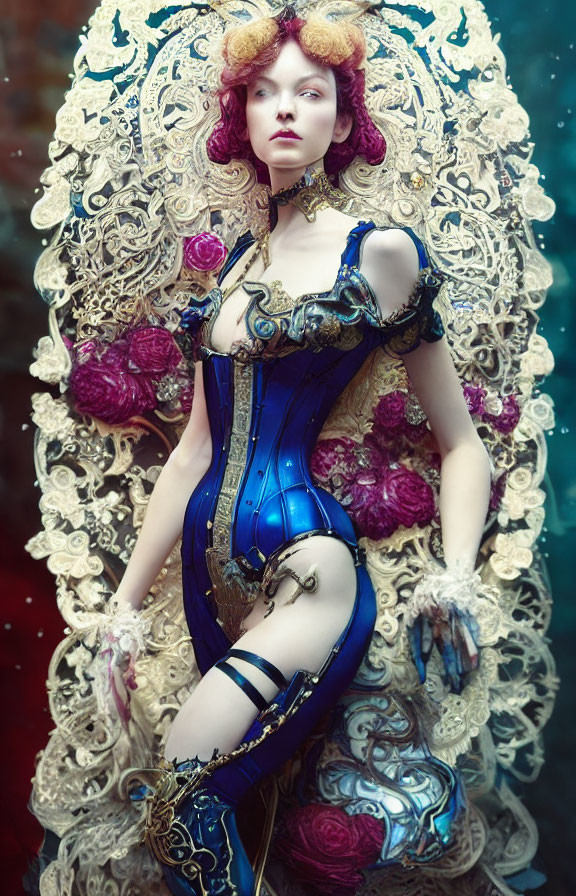 Woman in Blue Corset with Gold Trim Surrounded by Purple Flowers and Ornate Golden Backdrop