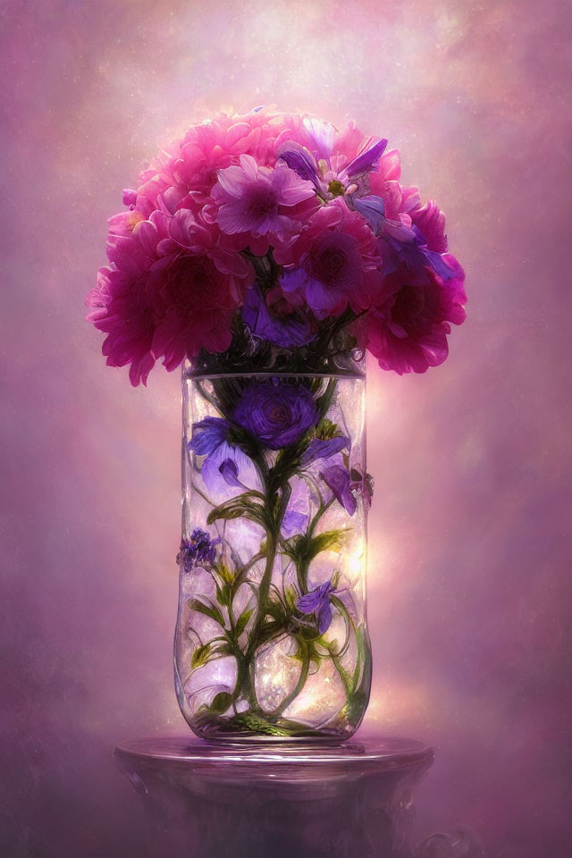 Pink and Purple Flowers in Transparent Jar on Dreamy Purple Background