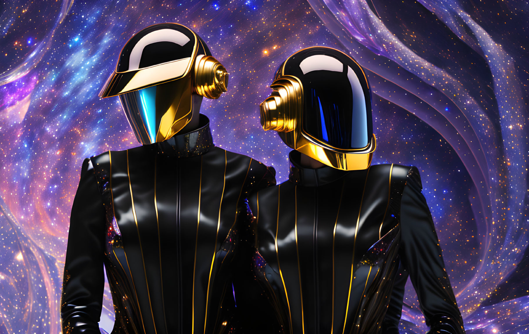 Futuristic black and gold helmeted figures in cosmic setting