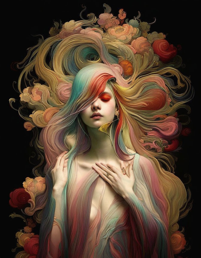 Colorful woman portrait with roses in flowing hair on dark background