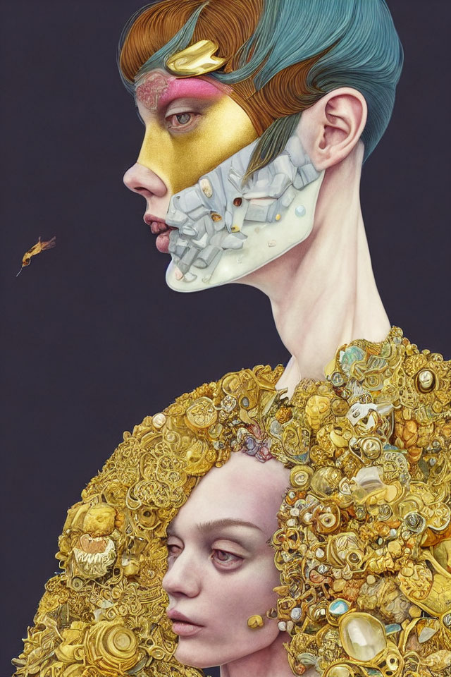 Surreal Artwork: Human Profiles with Golden Mask and Mechanical Parts, adorned with Gold Objects and