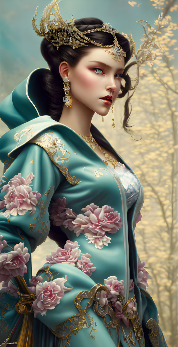 Ornate hairstyle and crown on elegant woman in blue dress with gold detail and pink flowers against floral