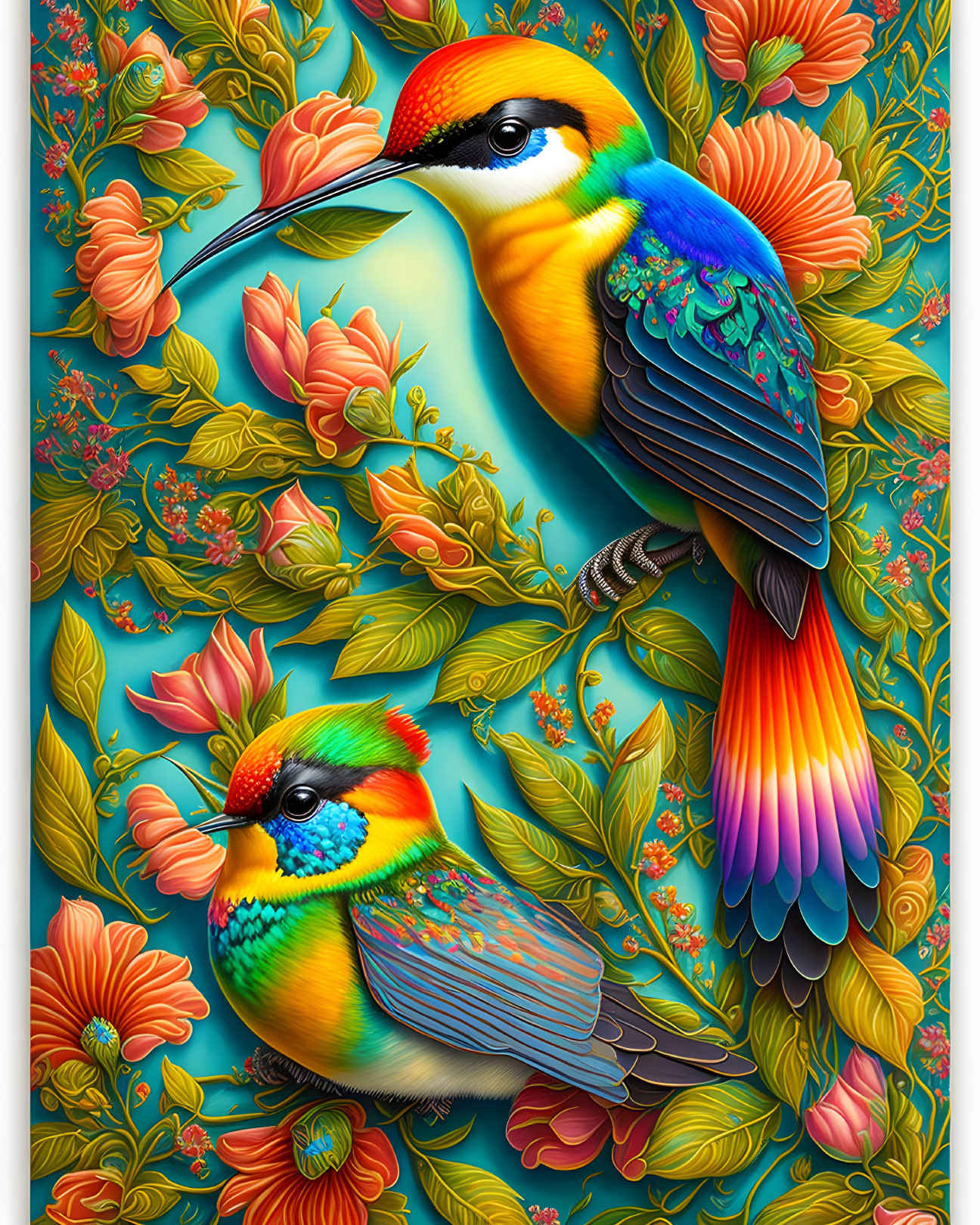 Colorful Birds with Detailed Feathers Among Flowers on Teal Background