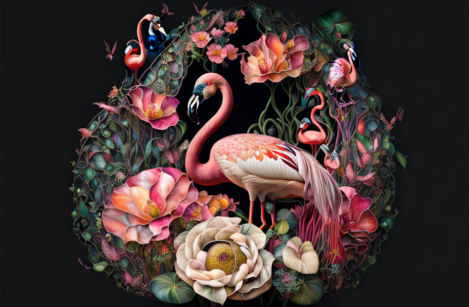 Colorful Flamingo Artwork with Floral Circle on Dark Background