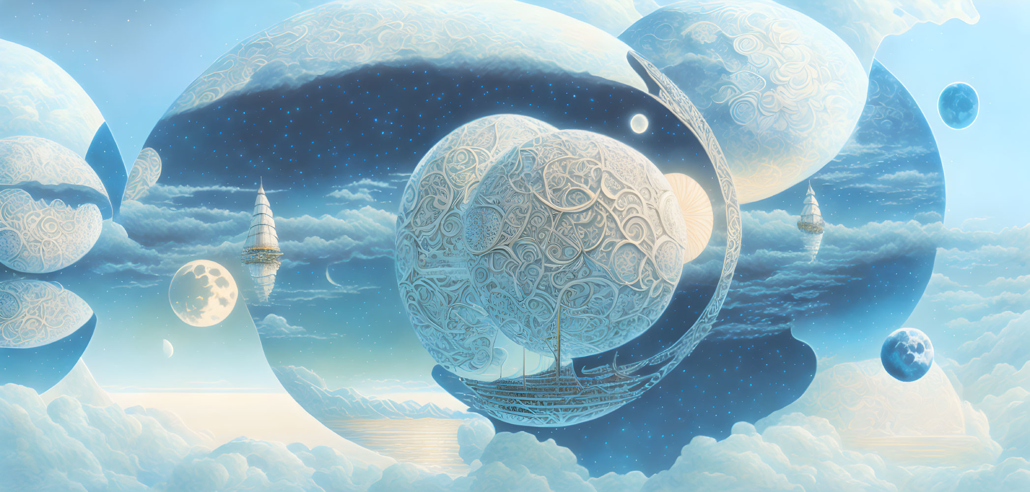 Fantasy landscape with celestial spheres floating among clouds