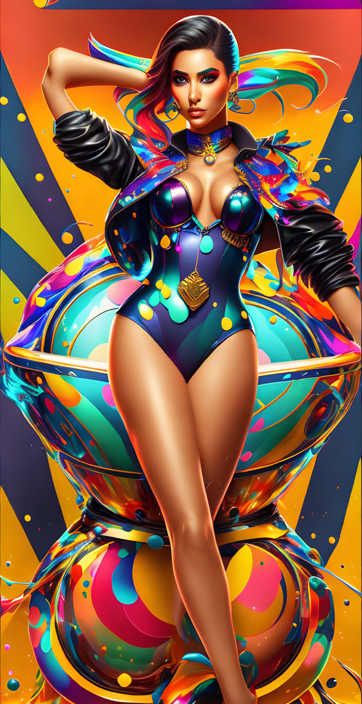 Colorful digital artwork of stylized woman with flowing hair on abstract spheres