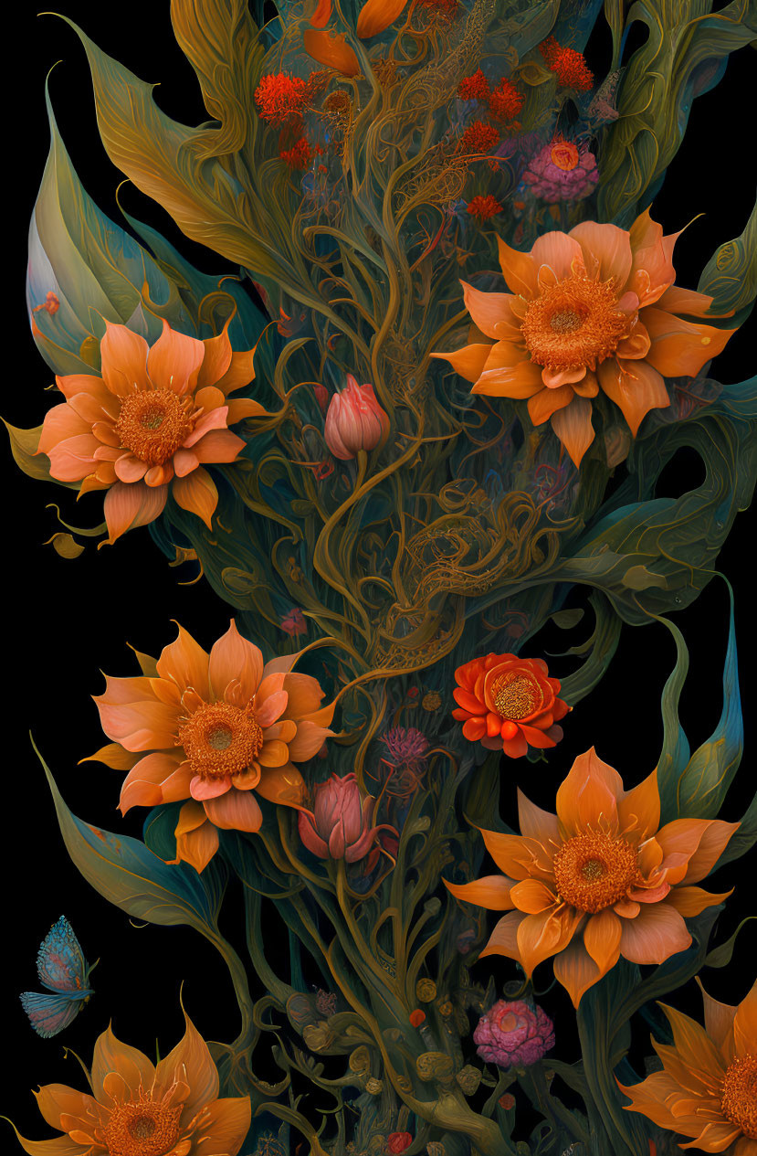Digital artwork: Ornate botanical elements, orange flowers, butterflies on dark background