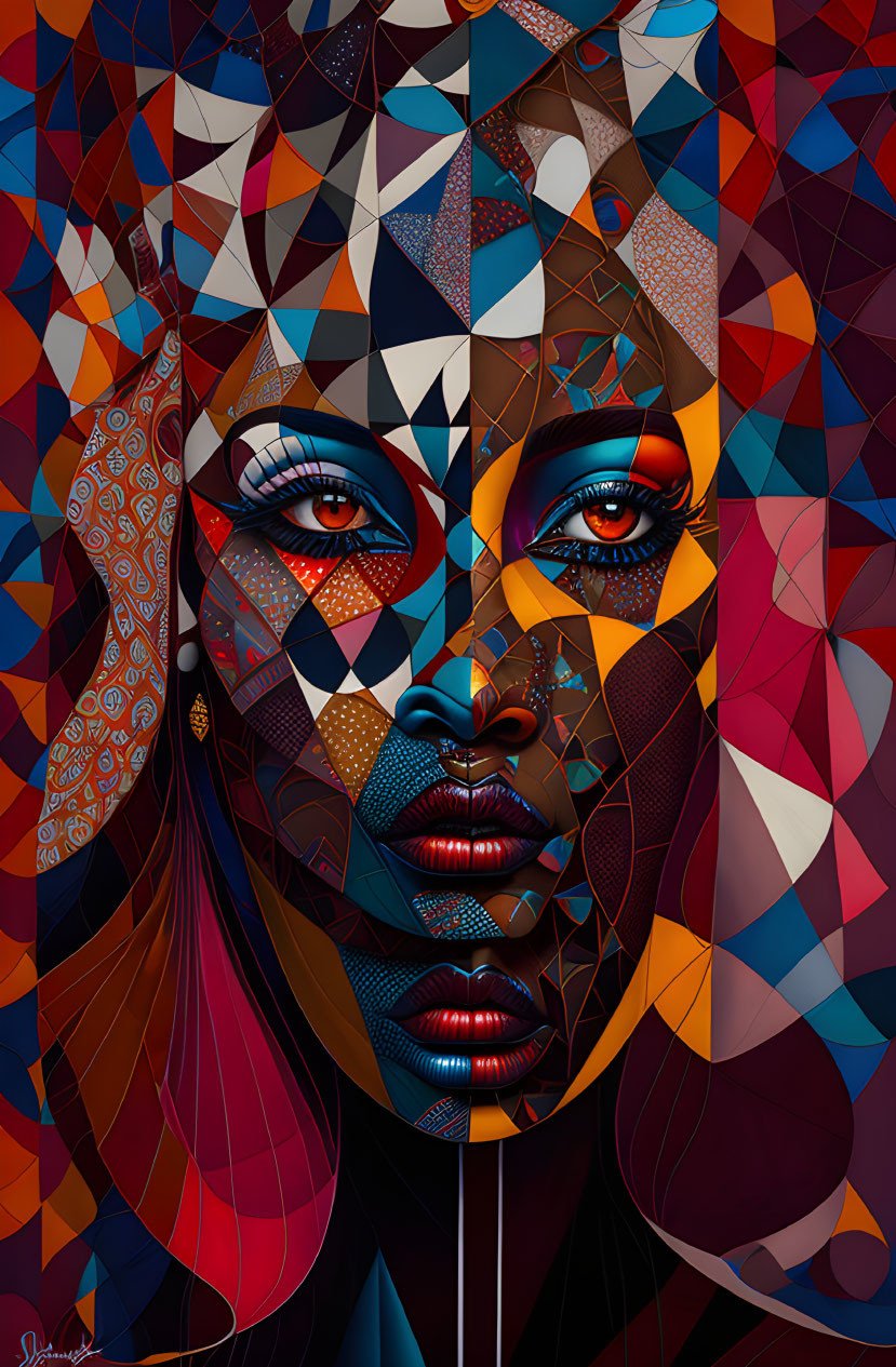 Colorful geometric portrait of woman with red eyes and patterned skin in blue, gold, and red