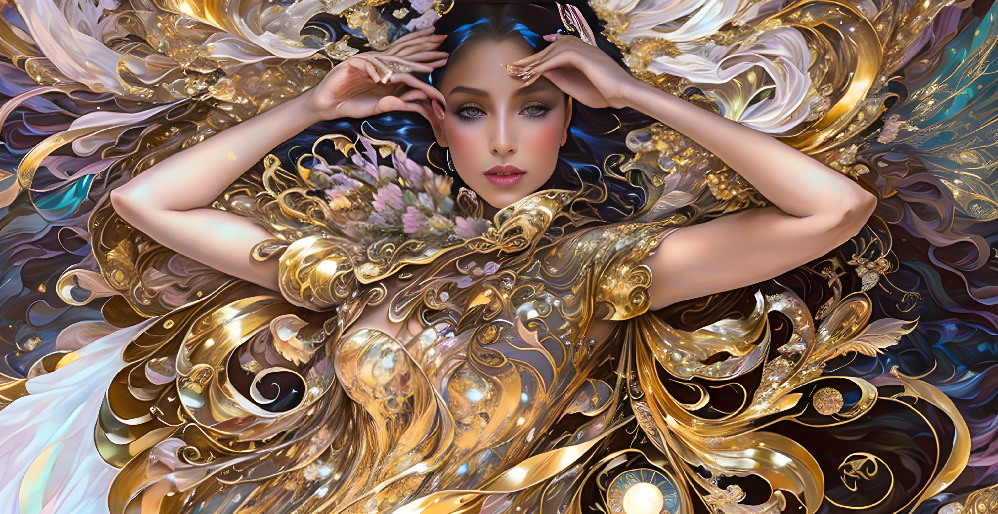 Woman in Digital Art with Golden Swirls and Floral Motifs