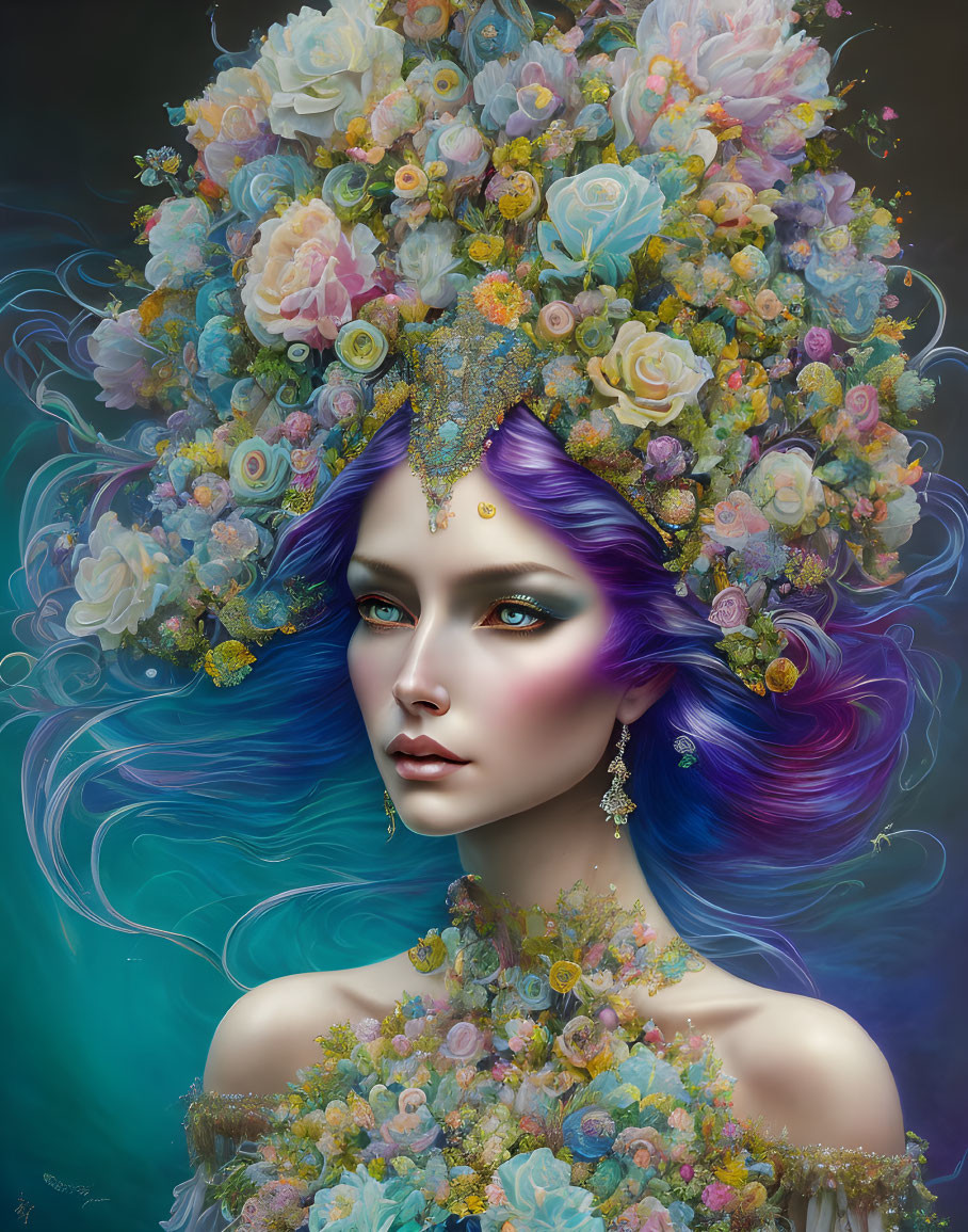 Portrait of woman with violet hair, striking makeup, floral headdress, and intricate jewelry