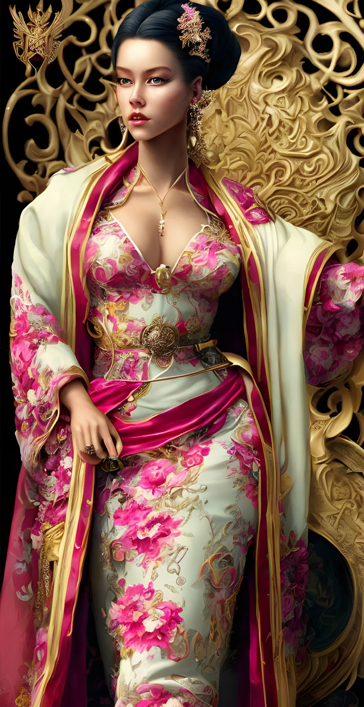 Detailed illustration of woman in traditional Asian attire with floral patterns, gold accents, and ornate jewelry on