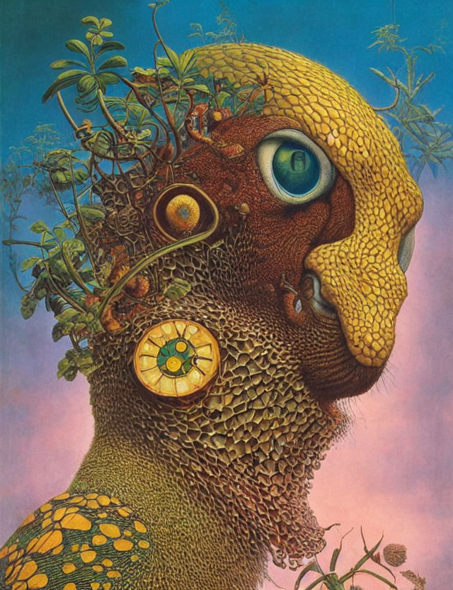 Surreal painting featuring face with plant elements, reptilian skin, green eye, and clock-like