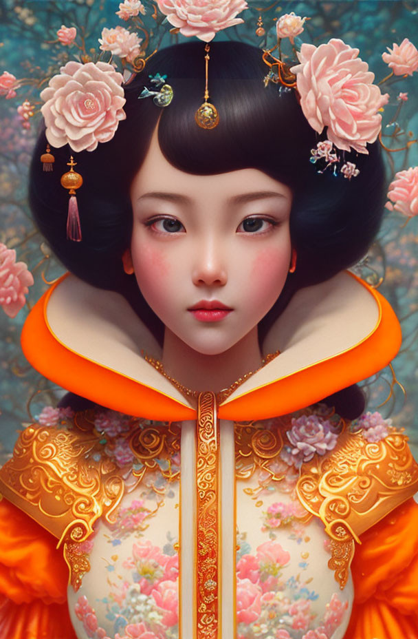 Elaborate Floral Hairstyle and Traditional Dress Portrait