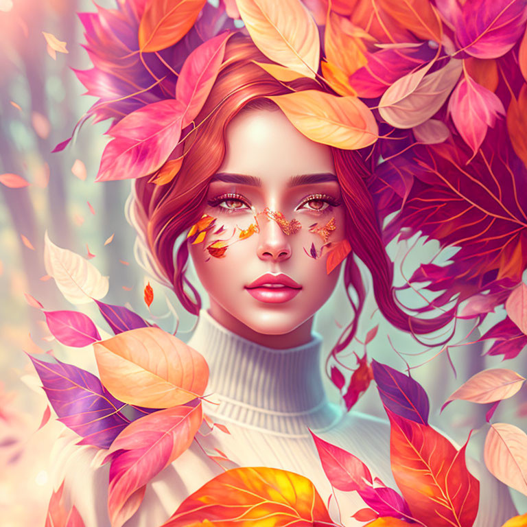 Digital portrait of woman with swirling autumn leaves in warm colors