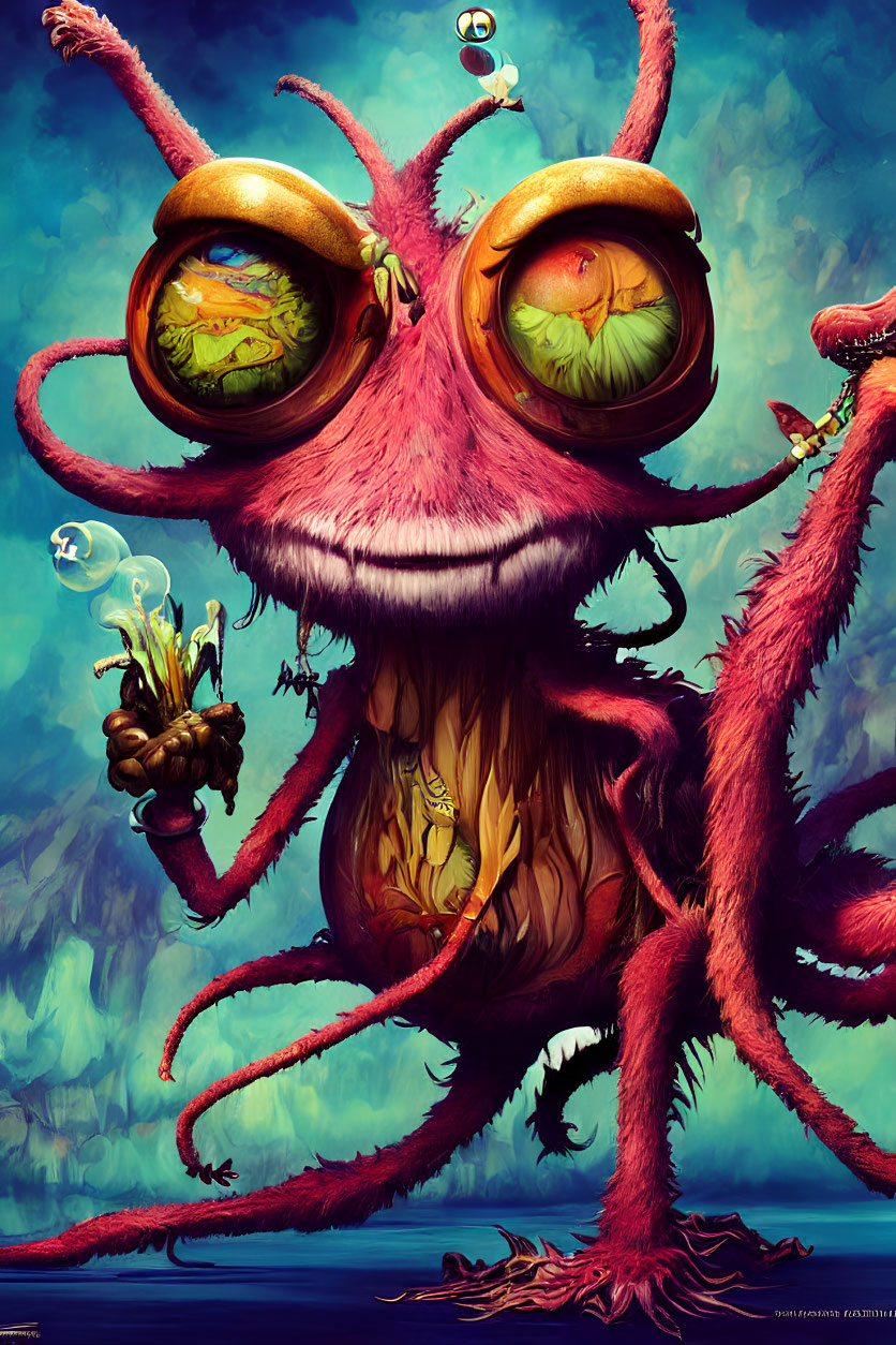 Colorful digital artwork of whimsical creature with large eyes and red tentacles holding tiny being