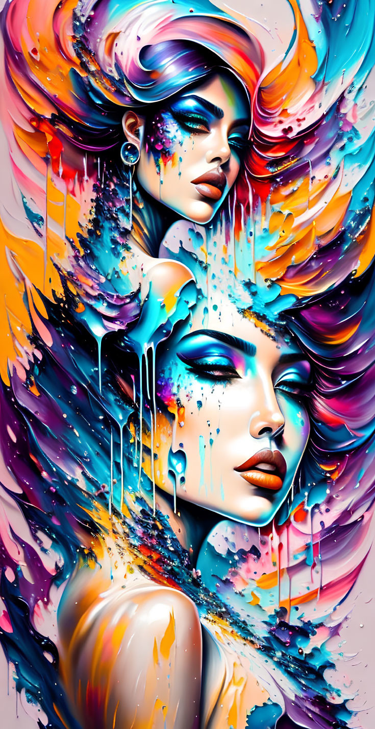 Colorful digital artwork: Two women with flowing hair and paint splashes in vibrant blues, oranges,