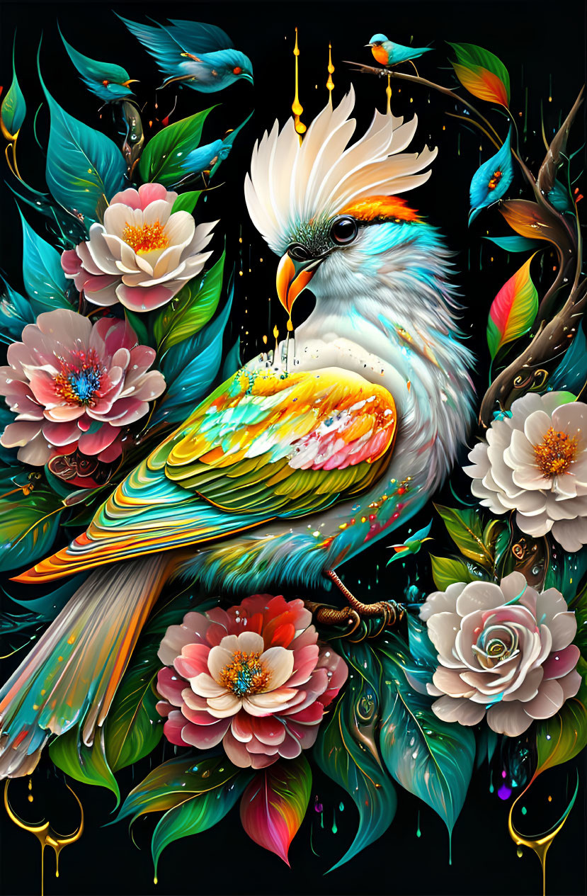 Colorful Stylized Bird Artwork with Flowers and Foliage