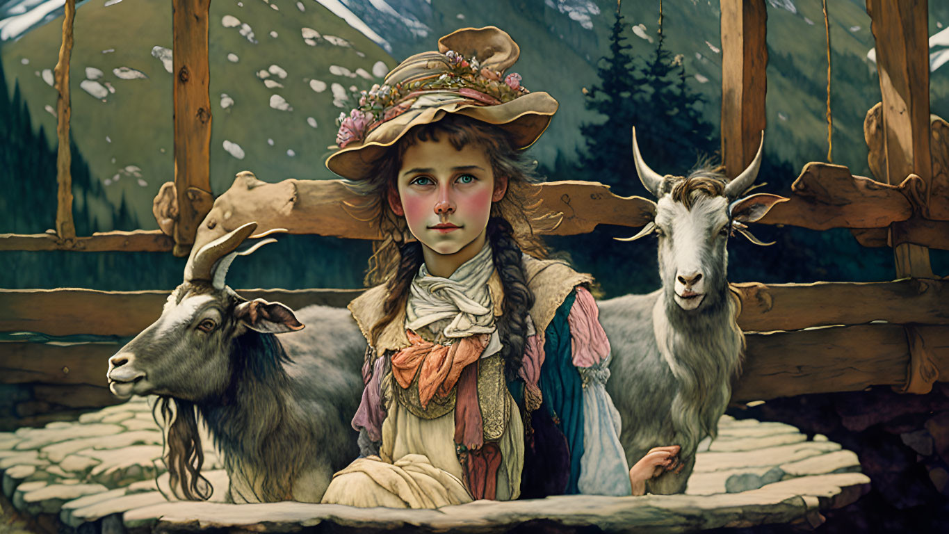 Young girl tending goats