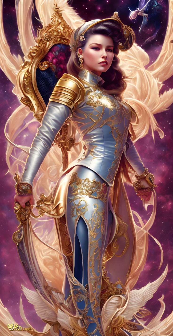 Regal woman in blue and gold armor with staff, nebula, and mystical creature.