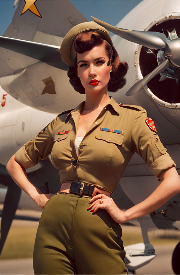 Vintage Style Portrait of Woman in Military Uniform with Propeller Aircraft