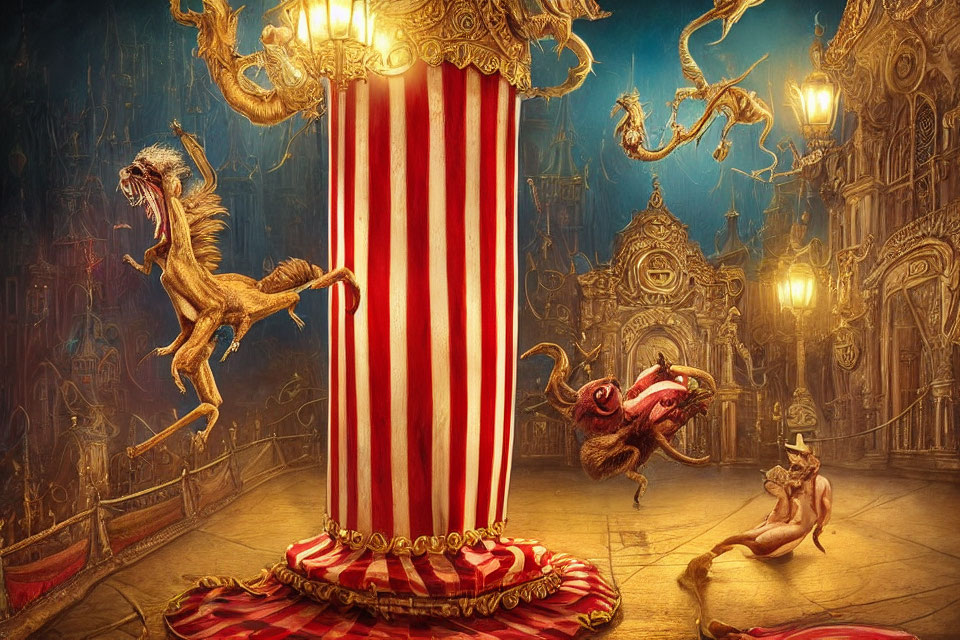 Fantastical Circus Scene with Red & White Striped Podium & Mythical Creatures