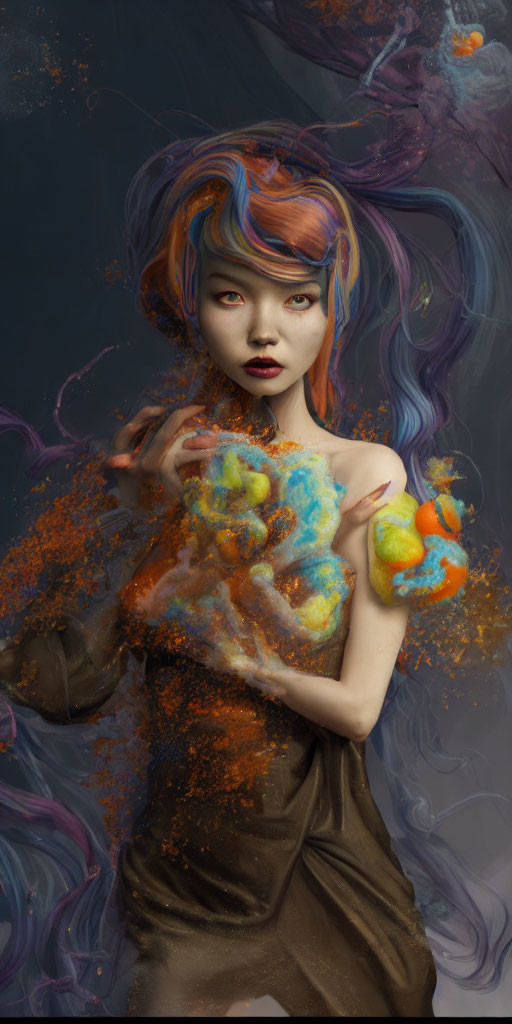 Colorful Swirling Hair Fantasy Portrait with Intense Gaze