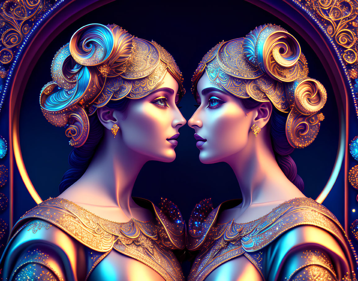 Symmetrical Stylized Female Figures with Gold Headdresses on Ornate Background