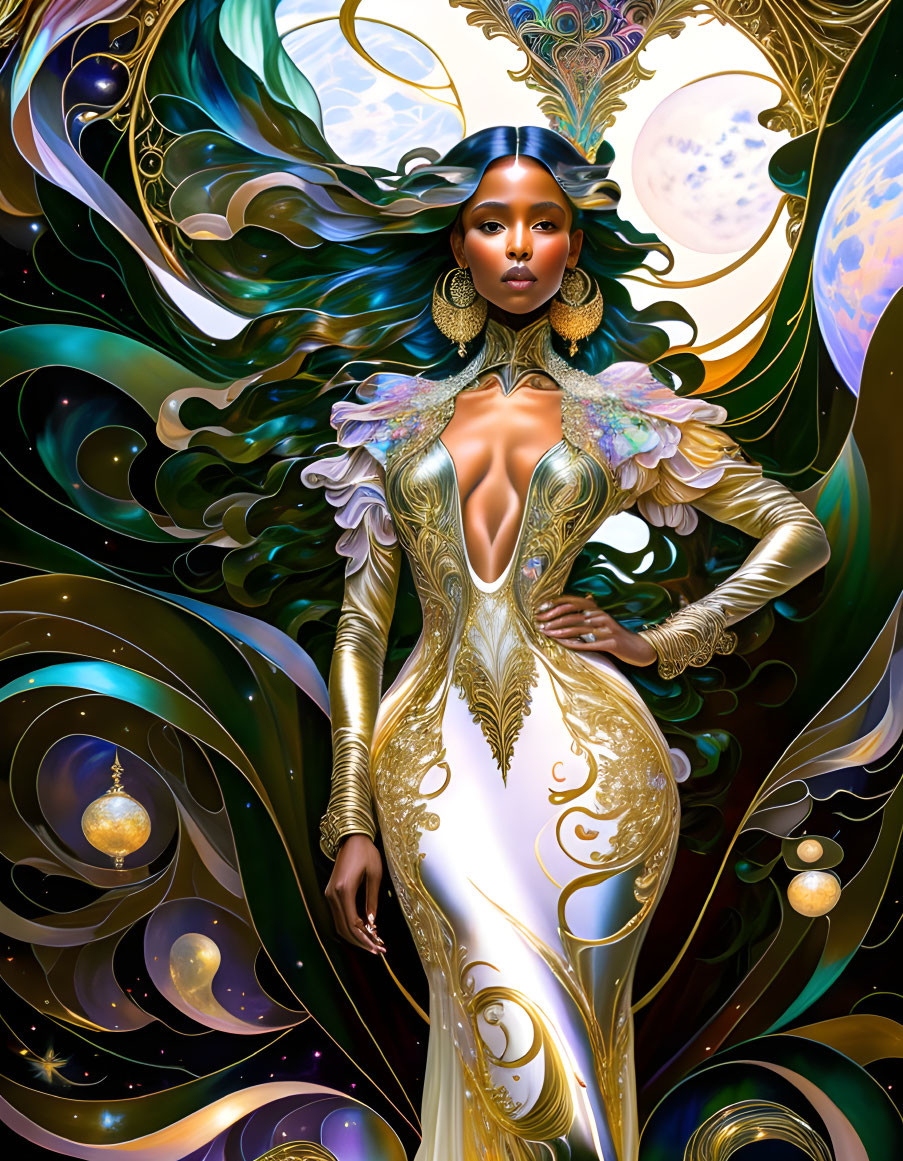 Celestial-themed woman in white and gold gown with cosmic motifs
