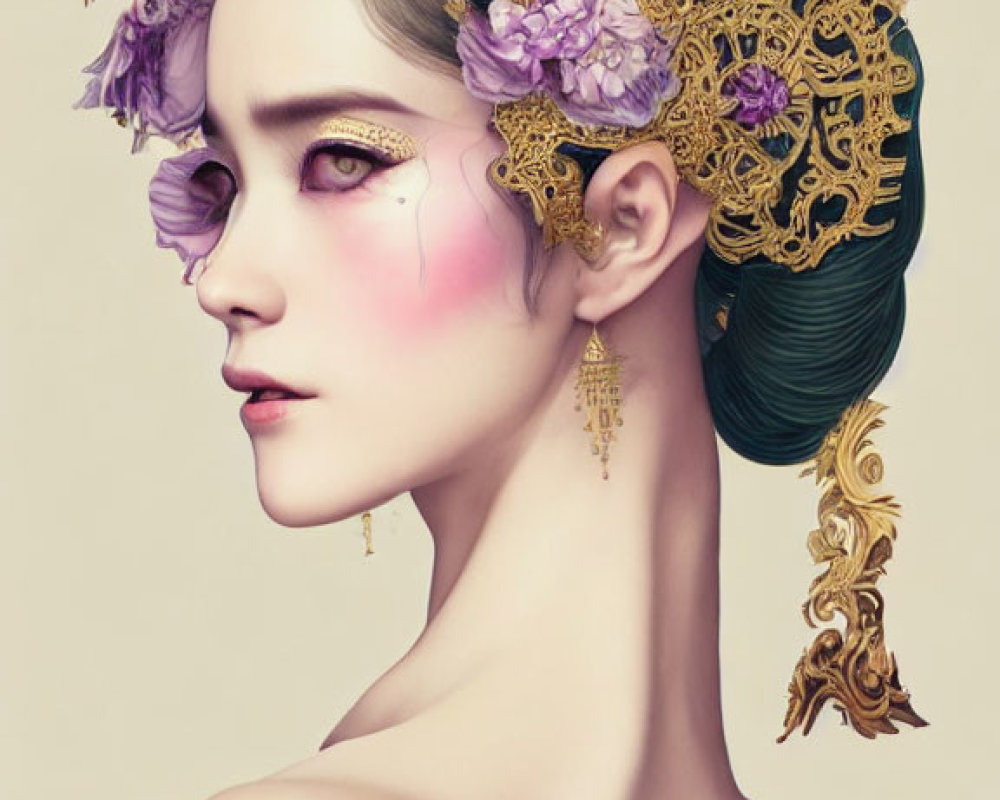 Traditional Artwork Featuring Woman with Ornate Gold Hair Accessories and Purple Clothing