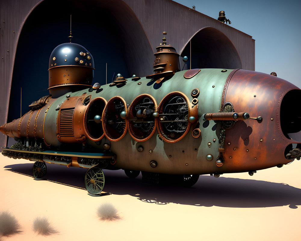 Steampunk-style submarine with copper details in desert landscape