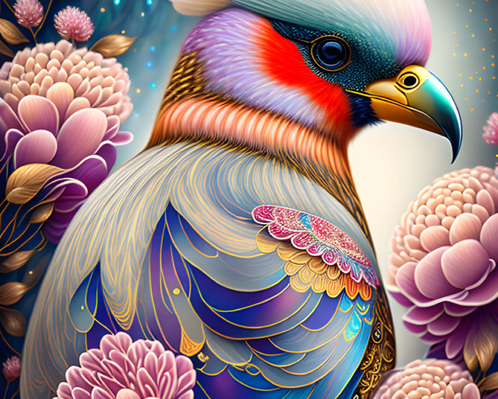 Colorful Bird Illustration with Floral and Starry Background