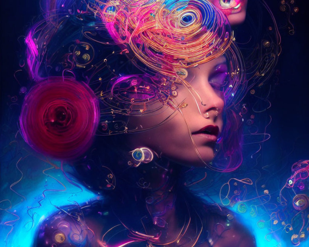Vibrant swirling patterns in surreal portrait of woman