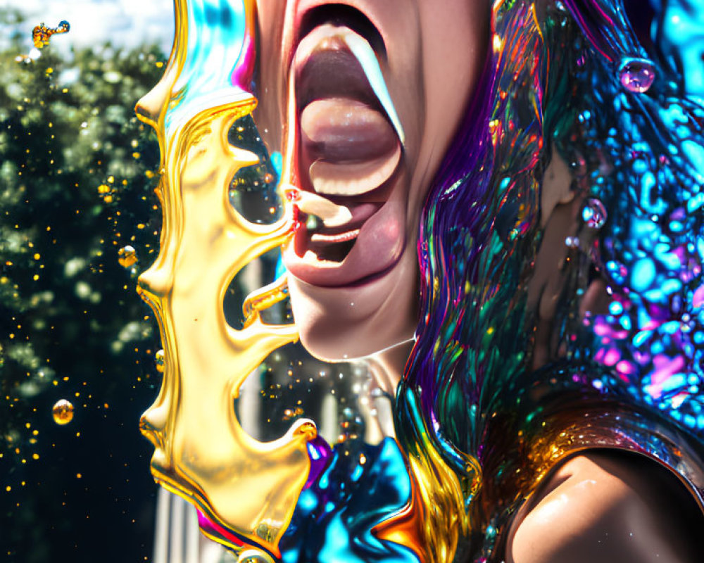 Colorful liquid splash distorts face in sunny outdoor scene