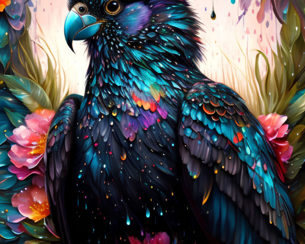 Colorful Mythical Bird Illustration Among Blooming Flowers