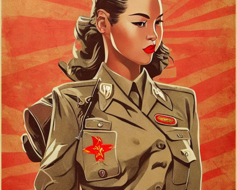 Stylized illustration of woman in military uniform with red star accents
