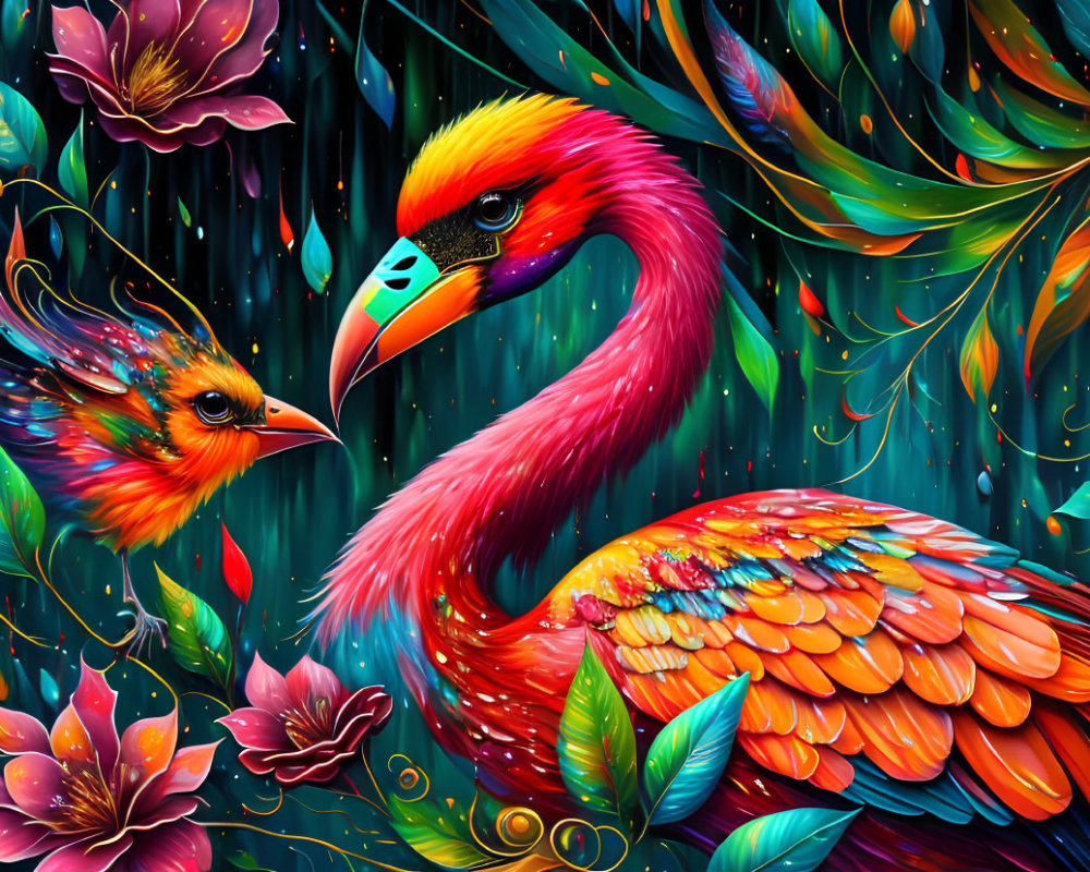Colorful digital artwork featuring flamboyant flamingo and small bird in lush, fantastical setting
