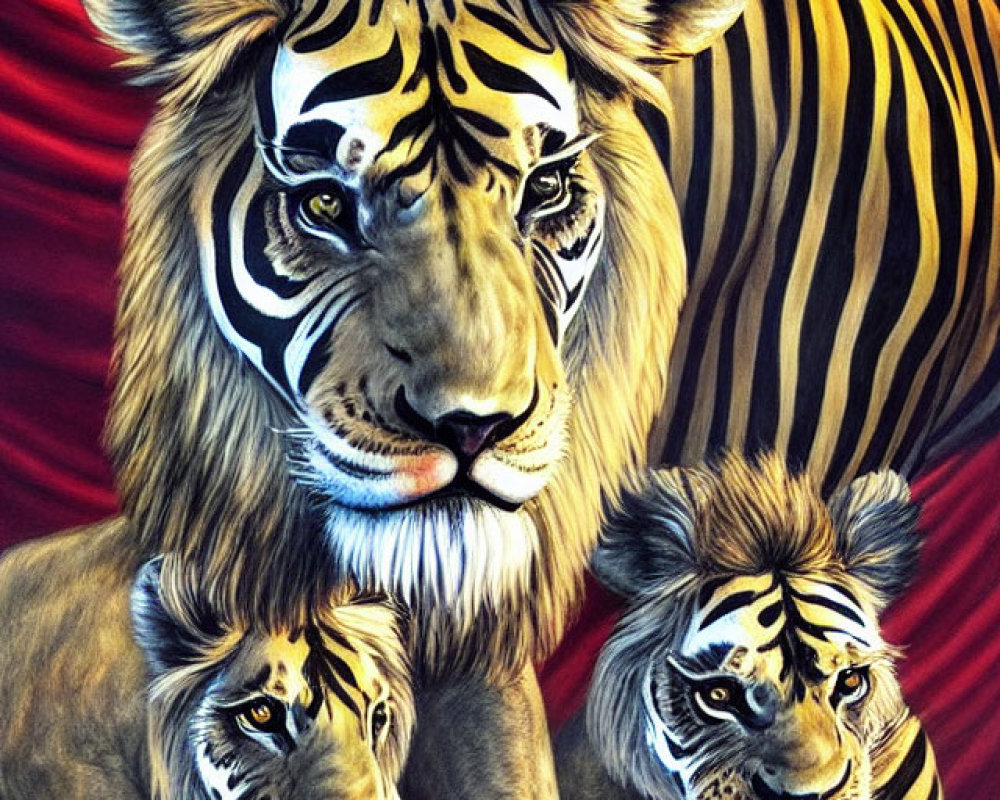 Unique lion-zebra hybrid artwork with mouse on red background