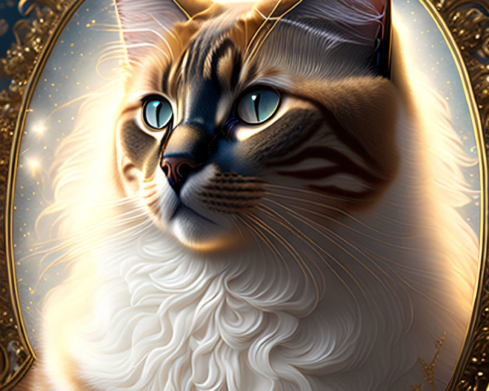 Regal Cat Portrait in Ornate Golden Frame