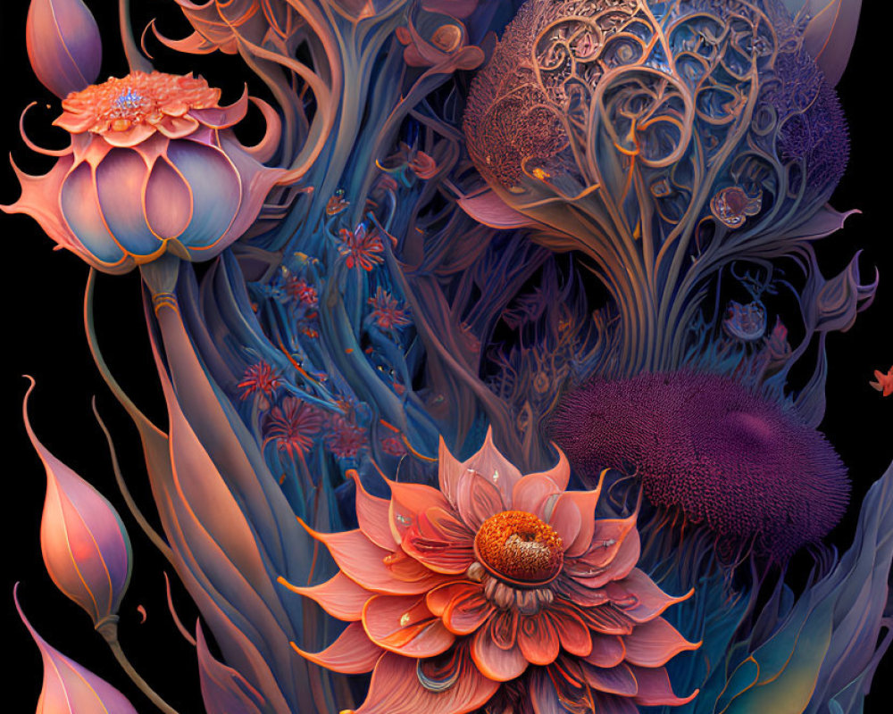Intricate Pink and Blue Alien-Like Floral Art on Dark Background
