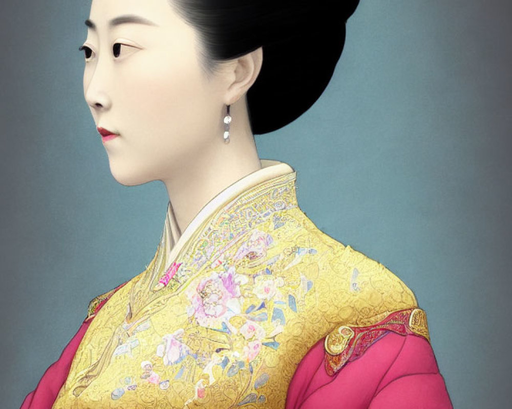 Profile portrait of woman in traditional East Asian attire with intricate hairpiece and floral-patterned garment