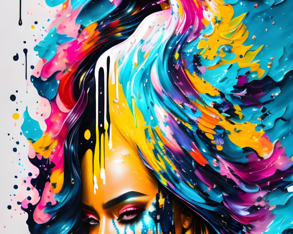 Colorful Abstract Art: Stylized Women's Faces with Flowing Hair and Paint Splashes