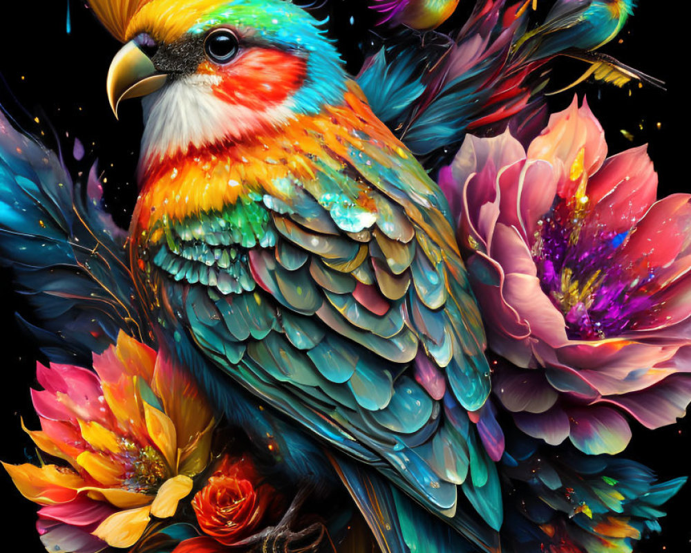 Colorful Bird Illustration Surrounded by Flowers and Birds on Dark Background